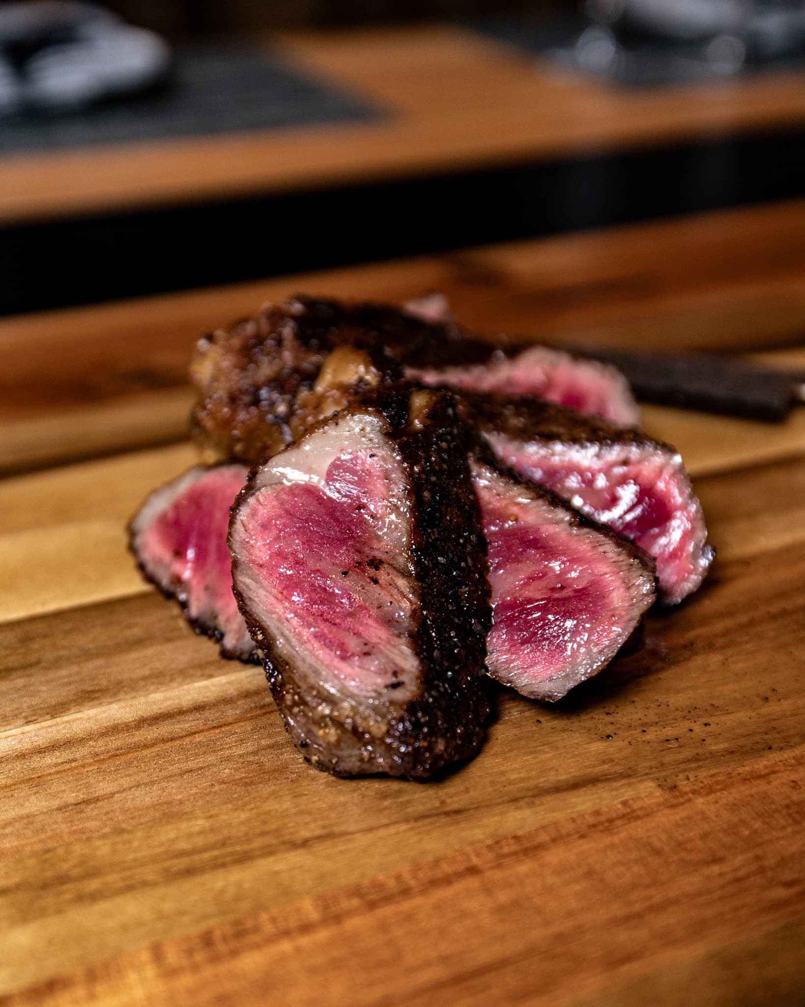 The 15oz American Wagyu strip sliced medium rare at CHR Steak in Gainesville, Georgia