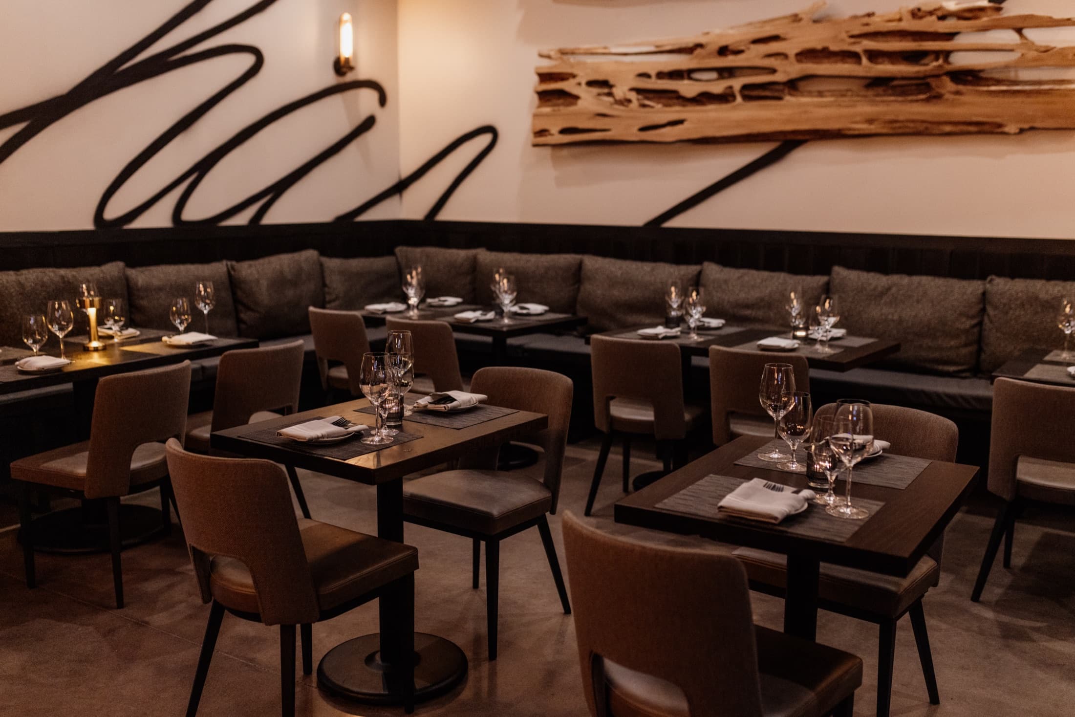 Leather banquette seating in the CHR Steak dining room